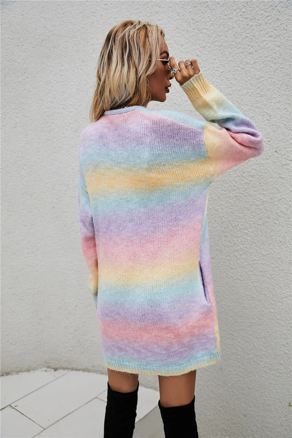 2024 New Winter European American Sweaters Rainbow Tie-dye Mid-length Oversized Cardigan Women Knitwear Jacket Long Sleeved Tops