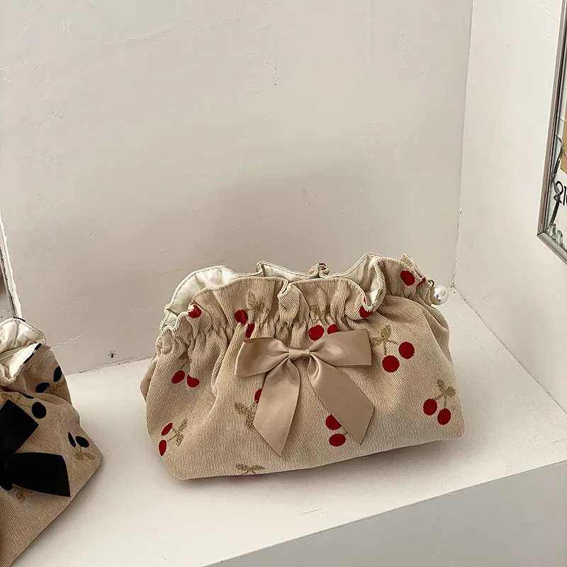 Soft Corduroy Cherry Make Up Bags for Mom Mommy Bag Baby Diaper Nappy Organizer Bowknot Women Evening Cluth Purse Maternity Bag 3