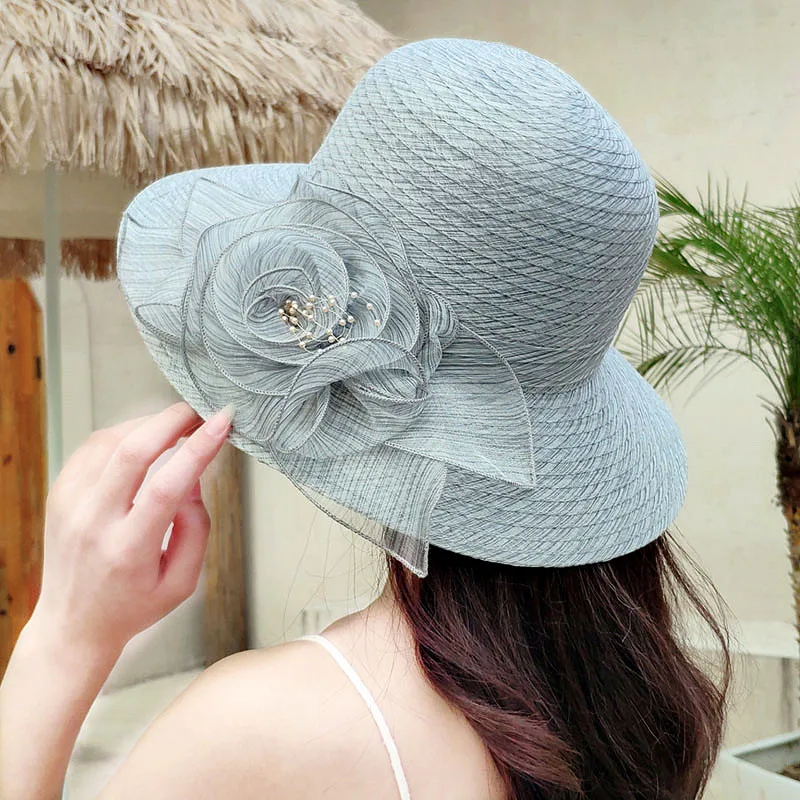 Bucket hat  summer new Organza flower breathable basin hat Sun Protection sunscreen Hat For Women Beach Hat  Flanging cap
