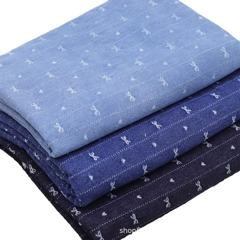 Retro Striped Embroidered Butterfly Knot Washed Denim Fabric Clothing Material Jeans Jacket Bag Fabric Chinese Brand AE Stock
