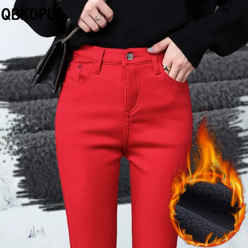 Mid Waist Velvet Lined Skinny Jeans Women Korean Style Winter Warm Pencil Vaqueros Thick Plush Denim Pant Ankle Length Leggings