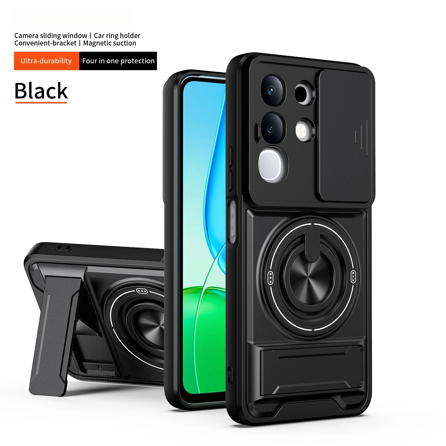 Camera Sliding Cover Phone Case with Double Bracket and Magnetic Ring Protection
