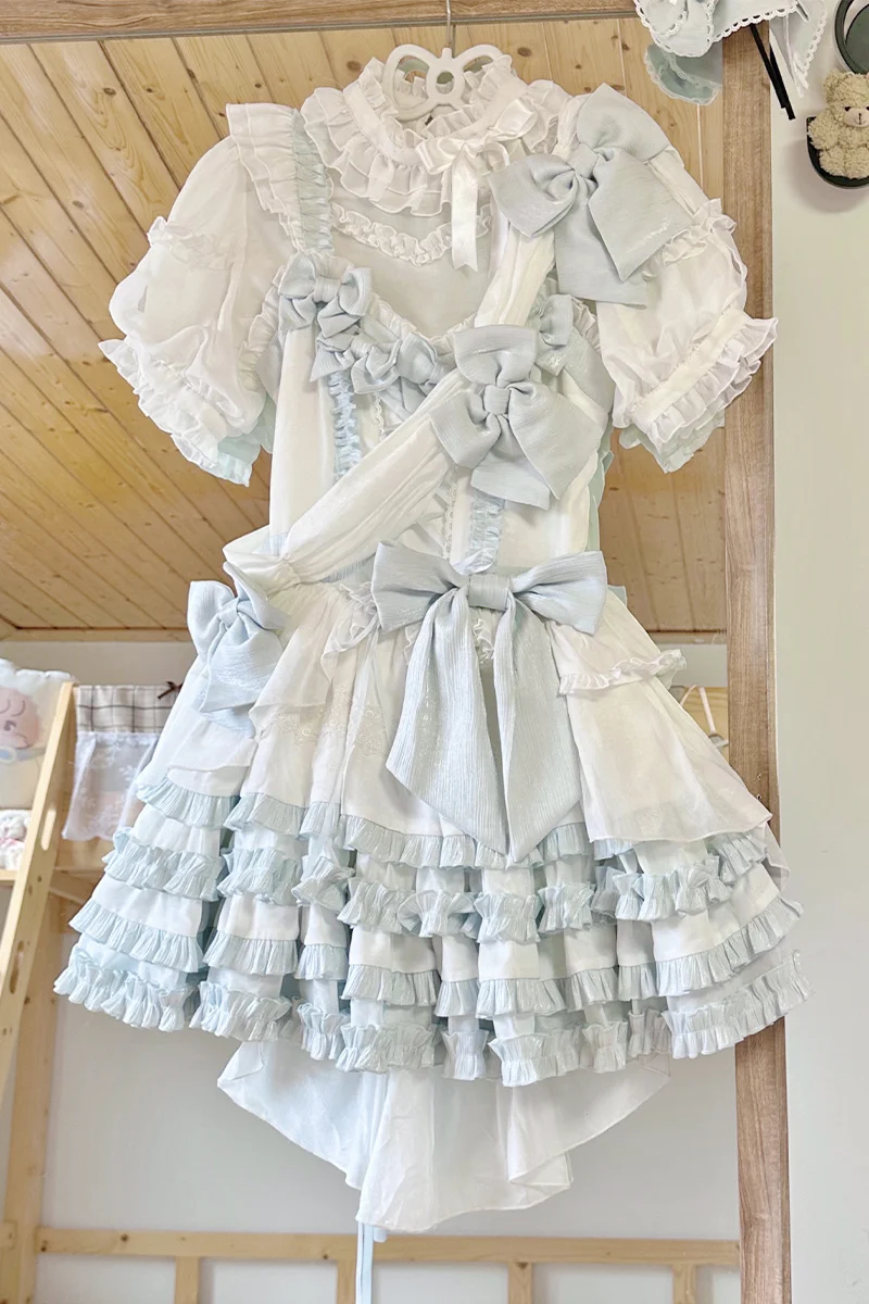 Sweet Idol Lolita Style Jsk Dress Women Japan Dream Lace Elegant Party Straps Girly Retro Victoria Cartoon Short Sleeves Dresses
