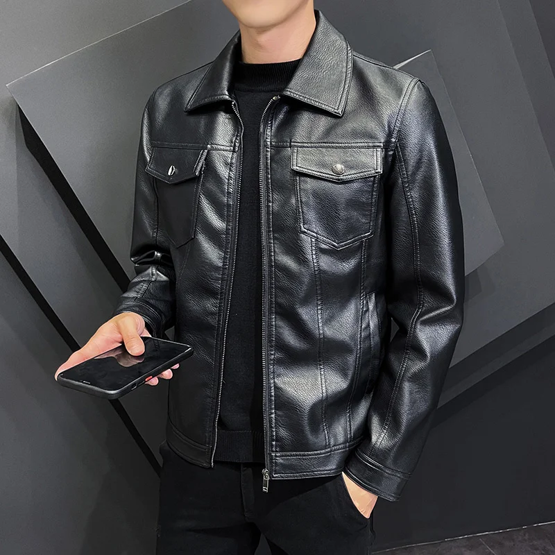 

2023 Fashion Multi-pocket Leather Jacket Autumn New Men's PU Coat Large Size Motorcycle Overcoat High Quality Windbreaker Male