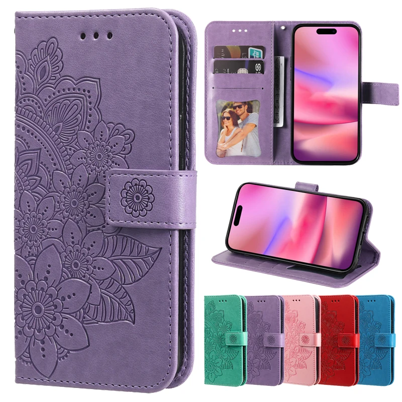 Retro Totem Sunflower Wallet Leather Phone Case with Magnetic Flip and Card Holder
