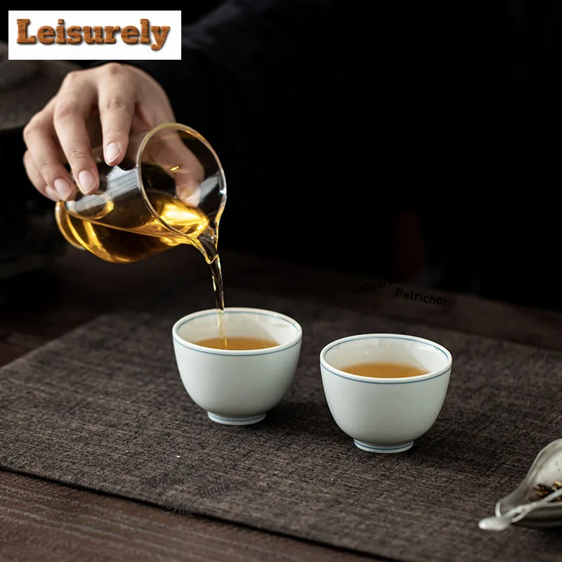 3pc Hand-painted Double Line Straight Mouth Teacup Zen Tea Bowl Cute Cup Tea-tasting Personal Cup Chazhan Master Cups Cha Craft
