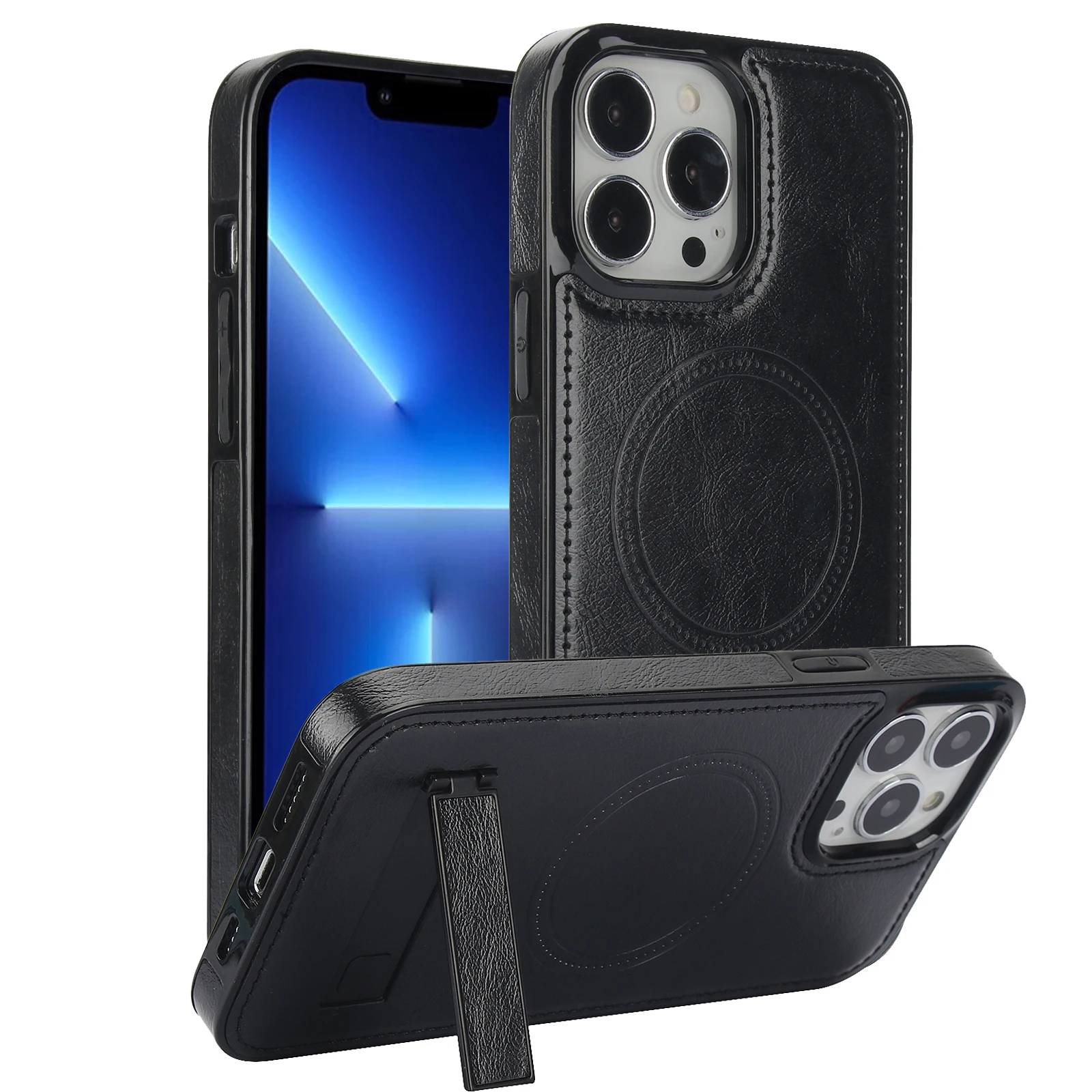 

Shockproof Leather Magsafe Wireless Charging Case for iPhone 15 Pro Max 14 13 12 11 XR X, Built-in Kickstand Phone Cover