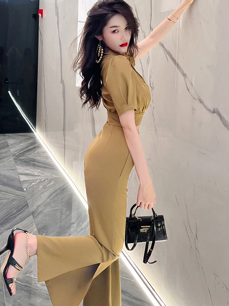 New Summer Long Jumpsuit Women Elegant Fashion Green Pockets Folds High  Waist Wide Leg Pants Mujer Holiday Party Banquet Rompers - AliExpress