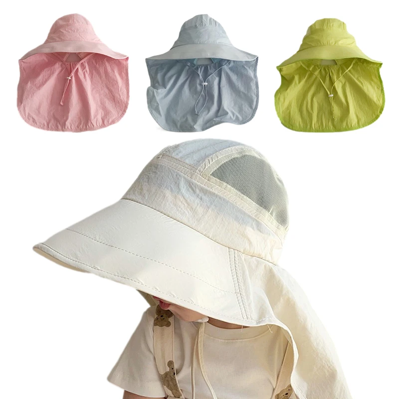 2023 Quick-Dry Sun Cap for Kids Big Brim Panama Hat with Shawl Beach Travel Children Summer Hat Accessories 2-6 Years Old