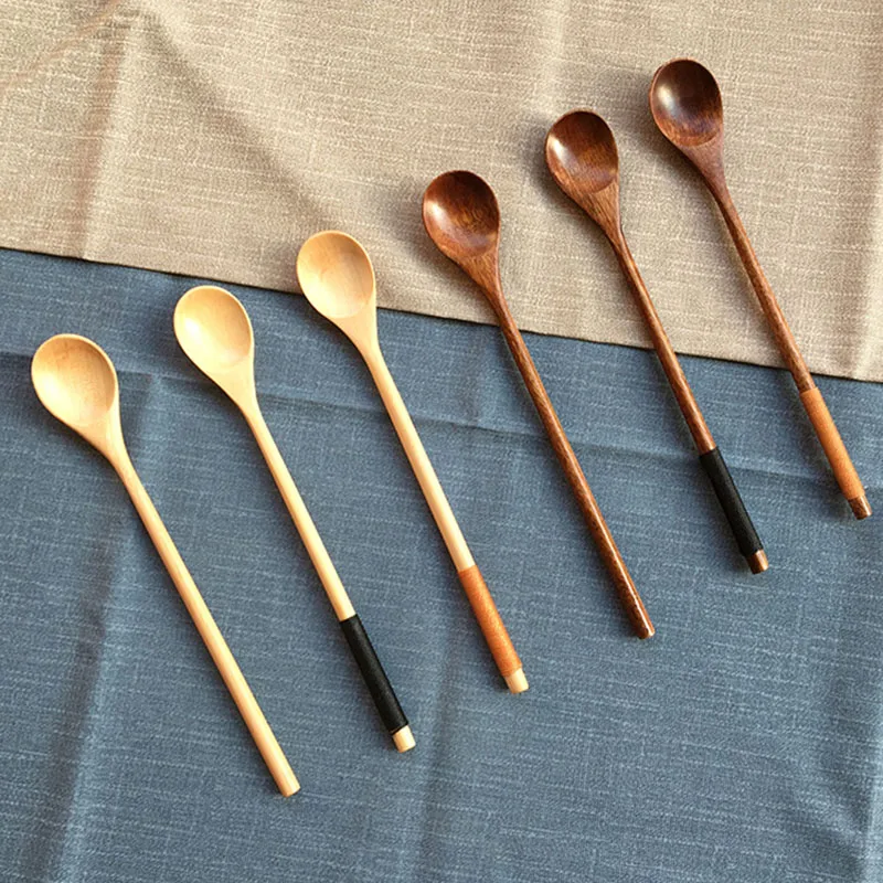 5pcs Japanese-Style Long Handle Wooden Spoon Tea Dessert Spoons for Eating Mixing Stirring Cooking Tableware Kitchen Supplies