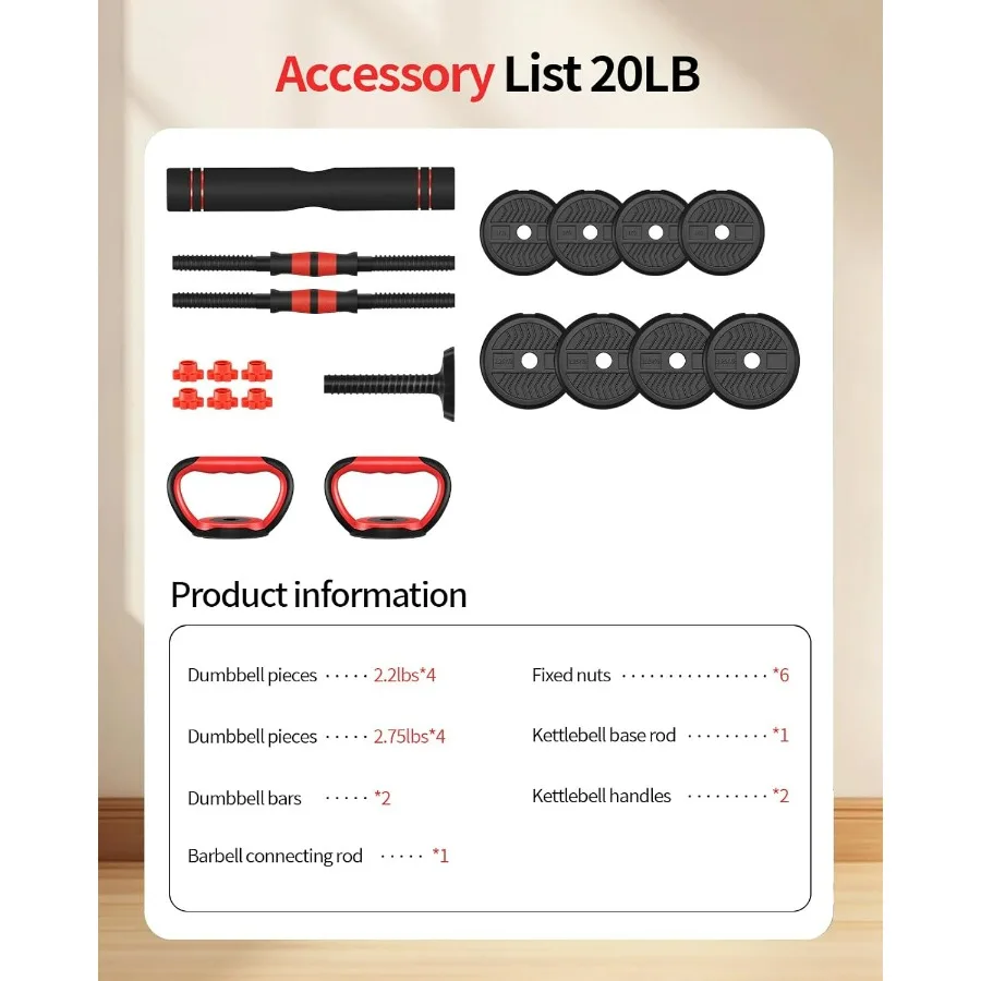 Adjustable Dumbbells,20LBS (10LBS*2) Free Weight Set with Connector, 4 in1 Dumbbells Set Used as Barbell/Kettlebells/Push up Sta