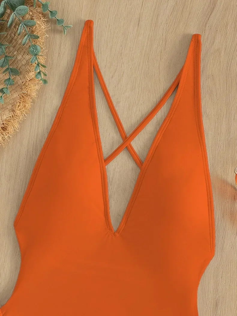 Sexy Deep V Neck One Piece Swimsuit Women Solid Yellow White Hollow Out Pleate Swimwear Beach Bandage Bathing Suit Monokini