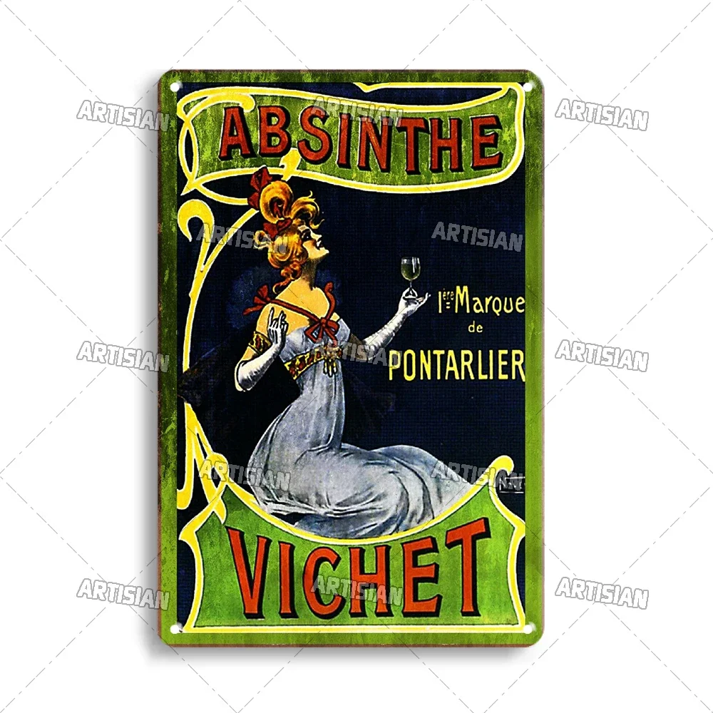 thumbnail image 1 of Cartel de hojalata de absenta desgastada, placa decorativa de metal oxidado con champán, decoración industrial para el hogar, cafetería, cueva de hombre, 1 of 5