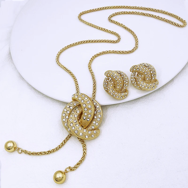 

Dubai Gold Color Necklace And Earrings Set For Woman Unique Design Pendant 85CM Long Sweater Chain Adjustable Length