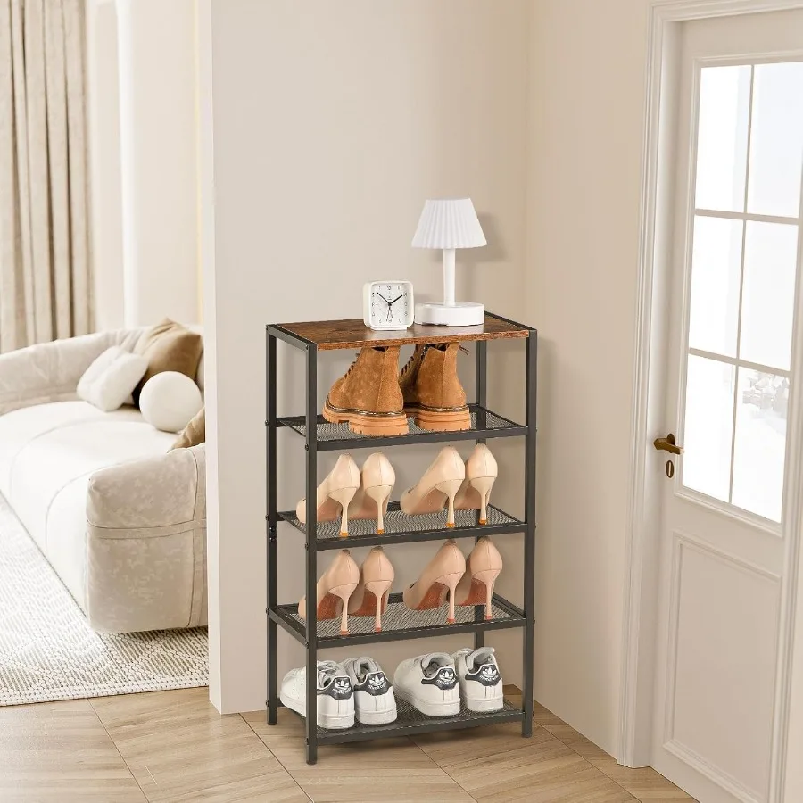 Metal 5 Tier Shoe Rack for Front Door Entrance Entryway and Closet Shoe Organizer with 4 Sturdy Metal Mesh Shelves and Wooden T