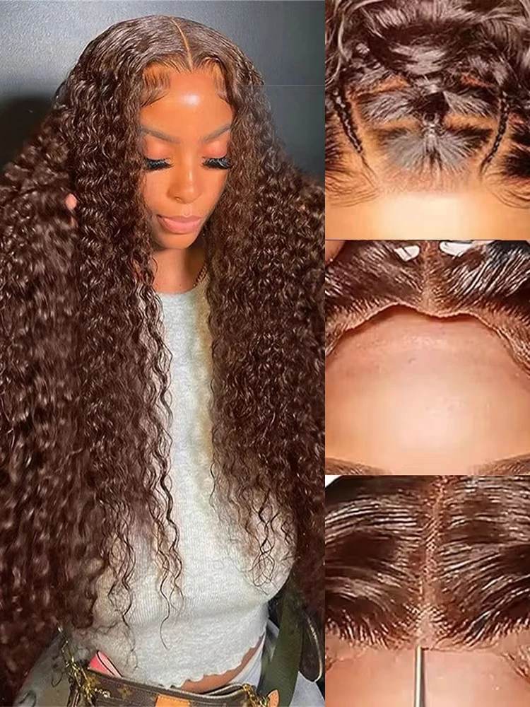 200% Chocolate Brown Deep Wave Human Hair Wig 30 34Inch Transparent Lace Frontal Wigs For Women 13x6 Lace Front Water Curly Wigs