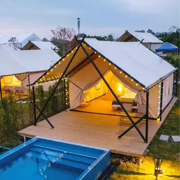 Large Size Double Roof Outdoor Glamping Safari Tent Waterproof Canvas Luxury Hotel Tent for Family Party Camping Resort