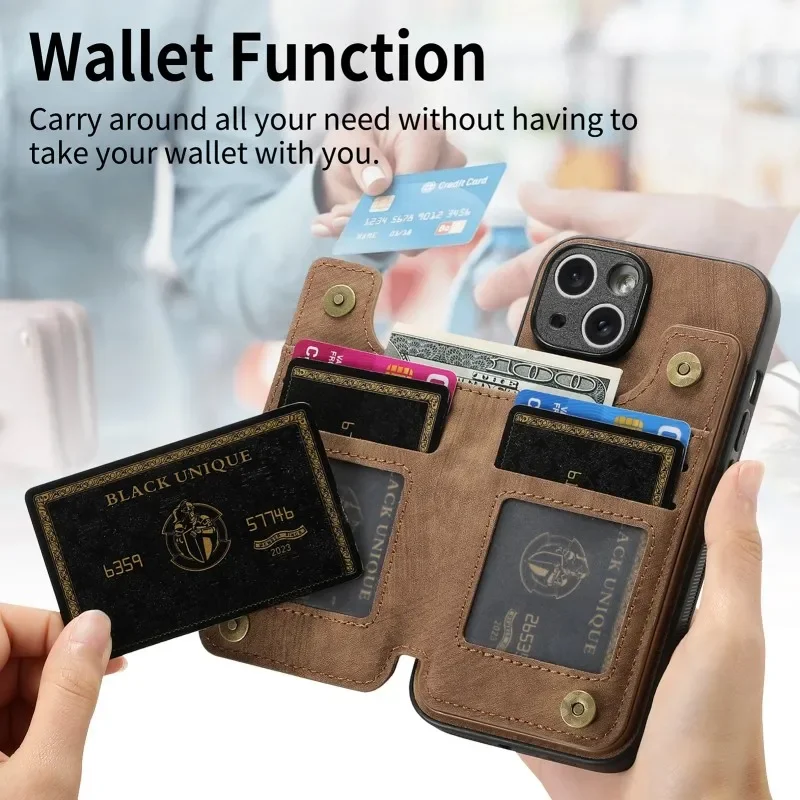 Leather Zipper Card Slot Wallet with Magnetic Closure and Double Buckle Cover