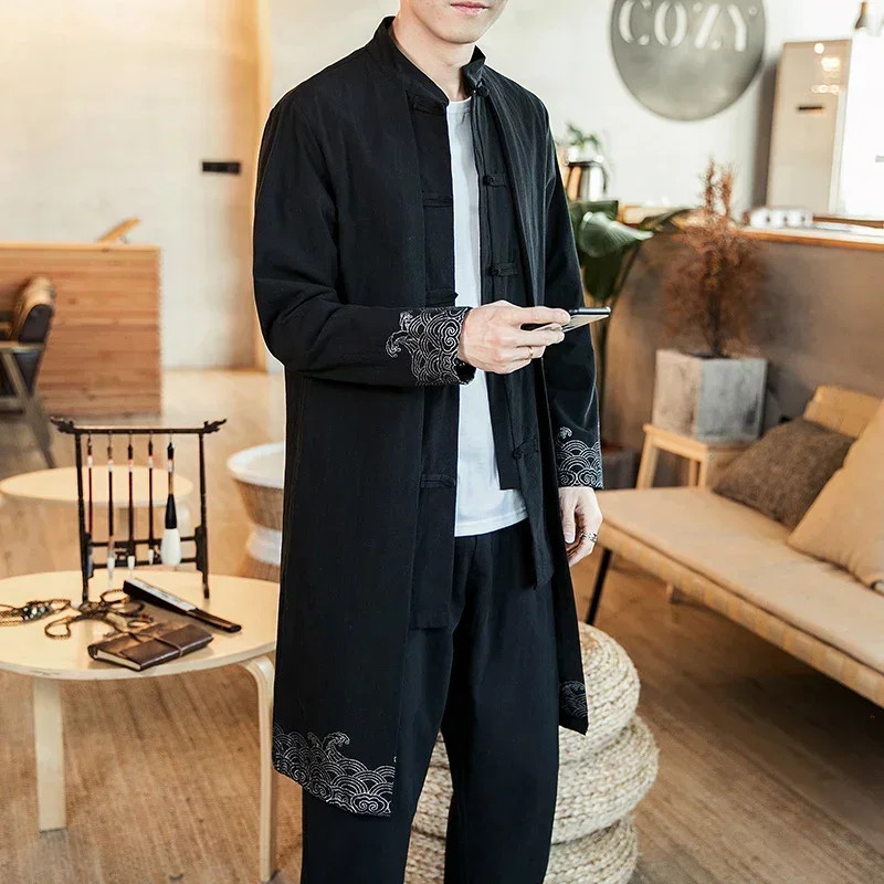 Streetwear Thin Tang Suit Coat Men Mens Linen Jacket Black Long Coat Male Hanfu Chinese Style Robe Harujuku Wind Breaker