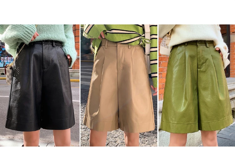 England Style Pu Leather Shorts Women High Quality Wide Leg Faux Leather High Waist Plus Size Loose Short Femme Shorts Feminino women's swim shorts