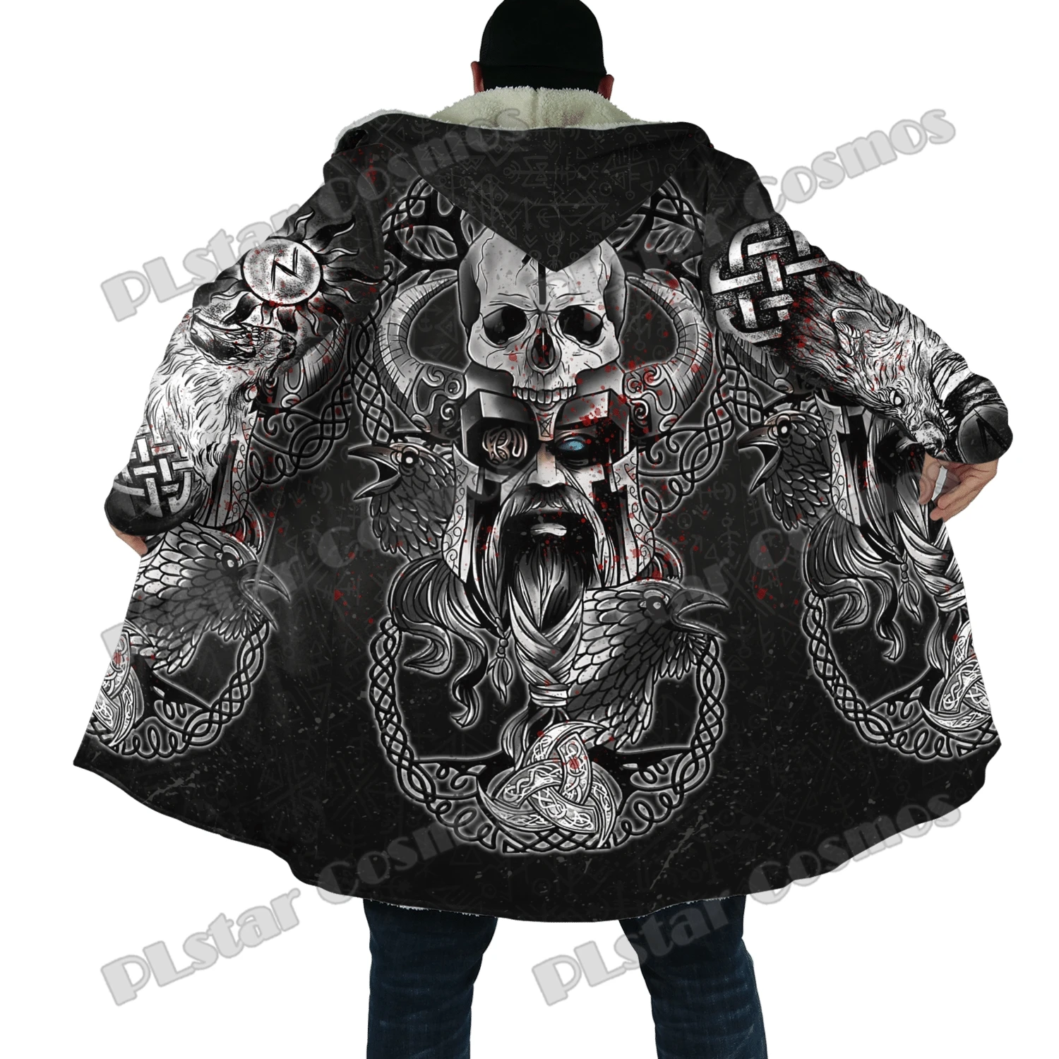 Fenrir Wolf Vegvisir Tattoo Runes 3D Printed Fashion Men's Sherpa Hooded Cloak Winter Unisex Casual Thick Warm Cloak Coats PF144