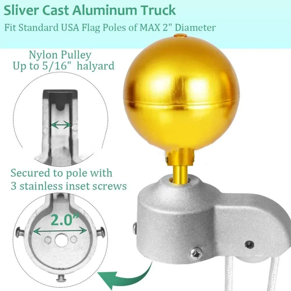 Aluminum Alloy Flag Pole Tool Set Nylon Braided Rope Upgrade Hardware Repair Kit Cleat Hook 3 Inch Golden Ball