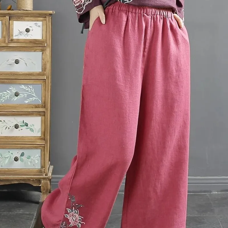 Literary and Artistic Chinese Style Retro Heavy Embroidery Women's Spring New Pocket Loose Cotton and Linen Straight Tube Pants