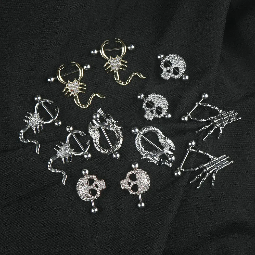 2PCS Hyperbole Scorpion Barbell Nipple Rings Women Punk Crystal Skull