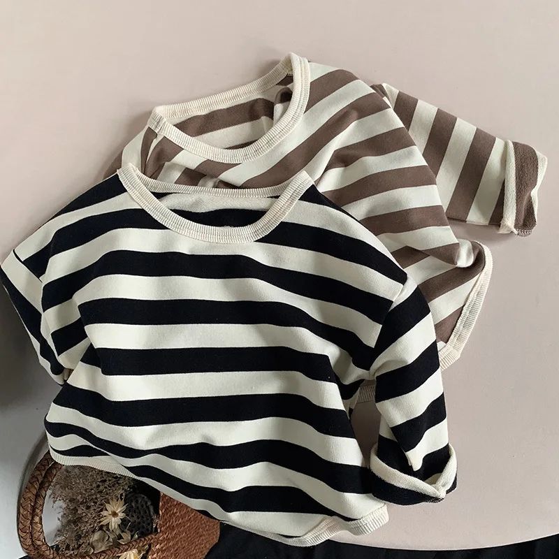 

Children Long Sleeve T Shirt Kids Cotton Striped Tops Spring Autumn New Casual Loose Baby Boys Girls Versatile Bottoming Shirt