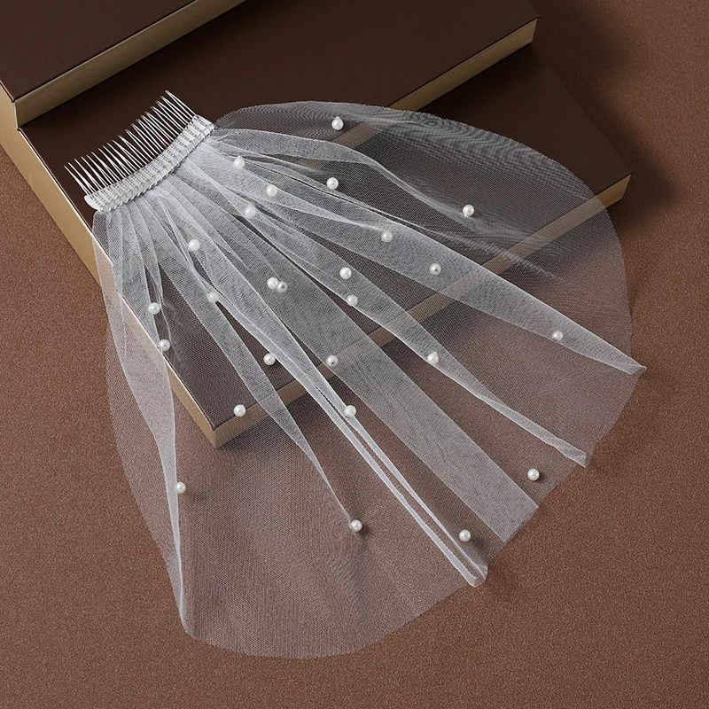 Simple retro pearl embellishment bride wedding dress accessories short travel pat headdress veil hair comb
