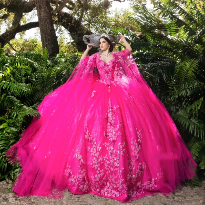 

Rose Red Shiny Sweetheart Ball Gown Quinceanera Dresses Party Applique Lace Beads With Cape Cinderella 16 Princess Gowns vestido