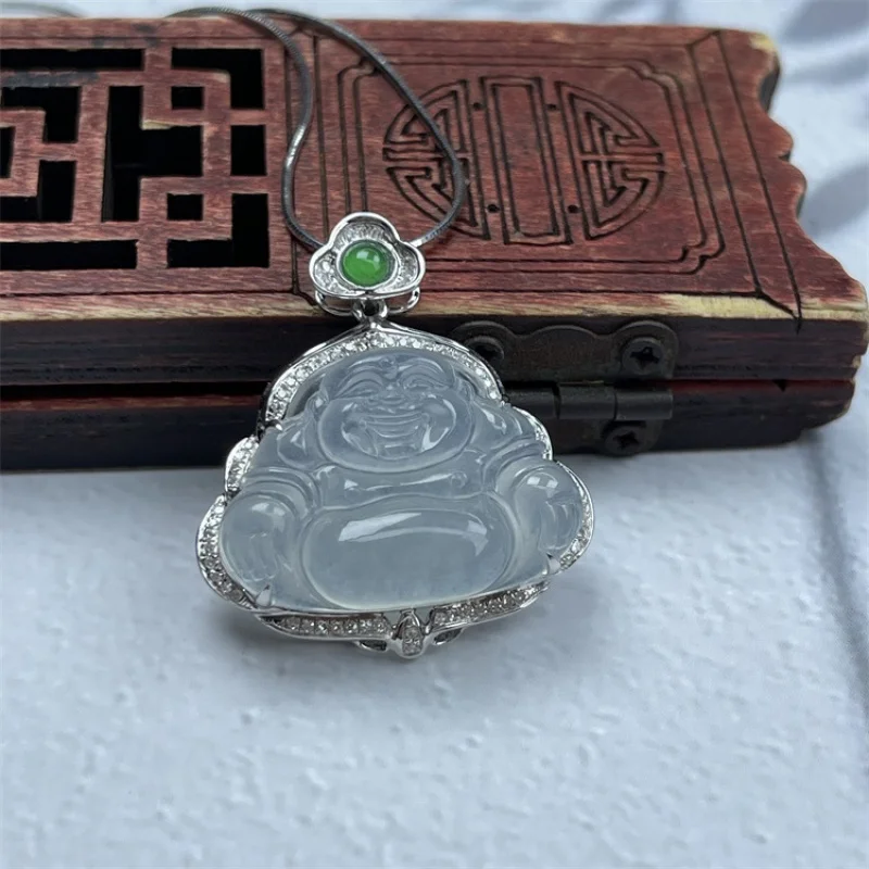 

New 18K Gold Inlaid Myanmar Natural a Cargo Ice-like Maitreya Buddha Necklace Jade Pendant