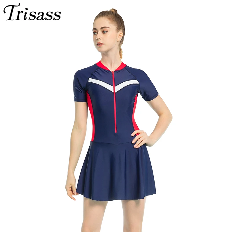 

Trisass 2022 New Women's One Piece Skirt Swimwear Plus Size Sport Bodysuit Short Sleeve Surf Suit with Zipper Swimsuit Push Up