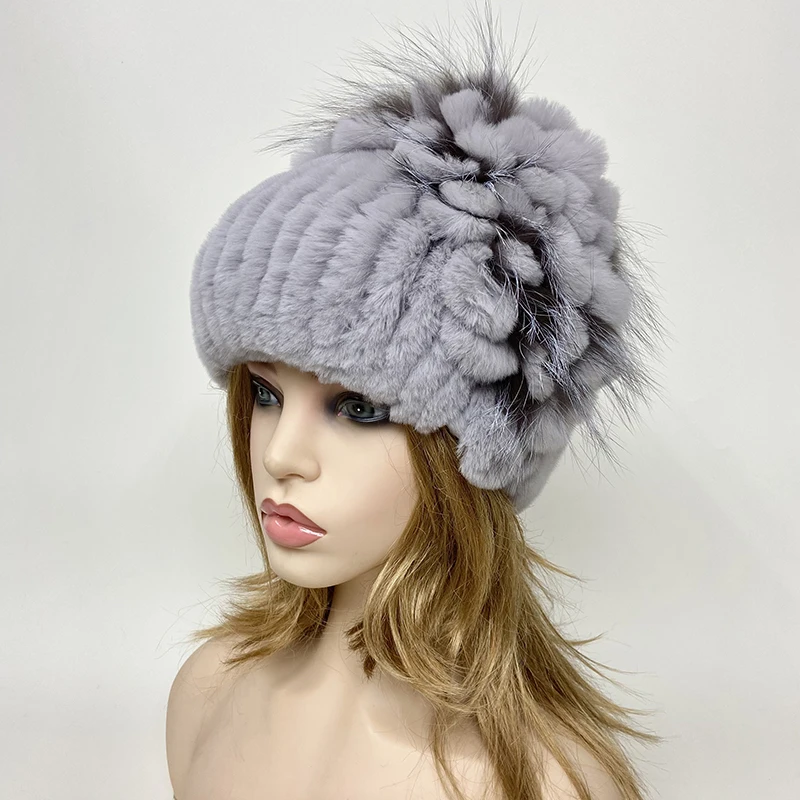 Floral Rabbit Fur Hat Women Fluffy Warm Winter Thick Hat Elegant Stylish Russian Fur Cold Hat Rex Rabbit Fur Beanies Striped Top 6