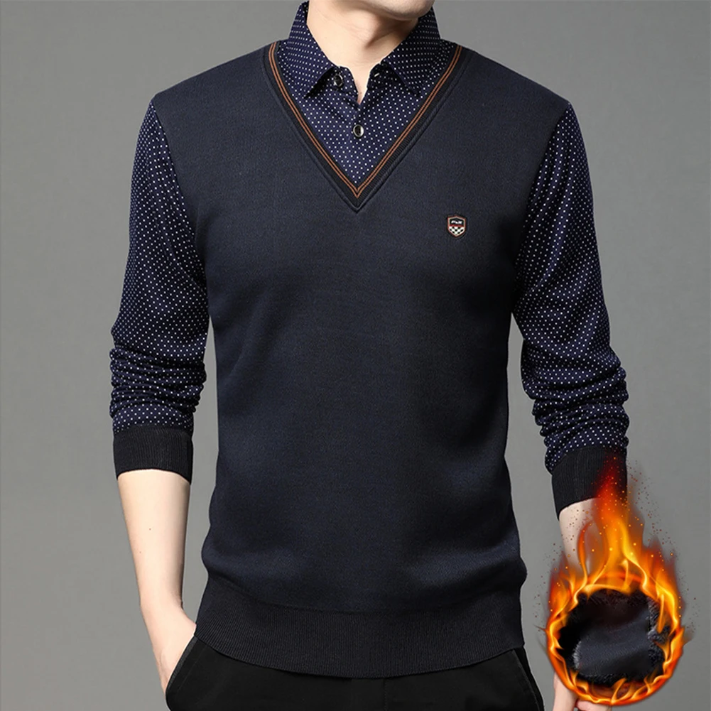 

New Stylish Shirt Mens Male Tops Autumn Winter Business Collared Fake Two Pieces Keep Warm Leisure Long Sleeve