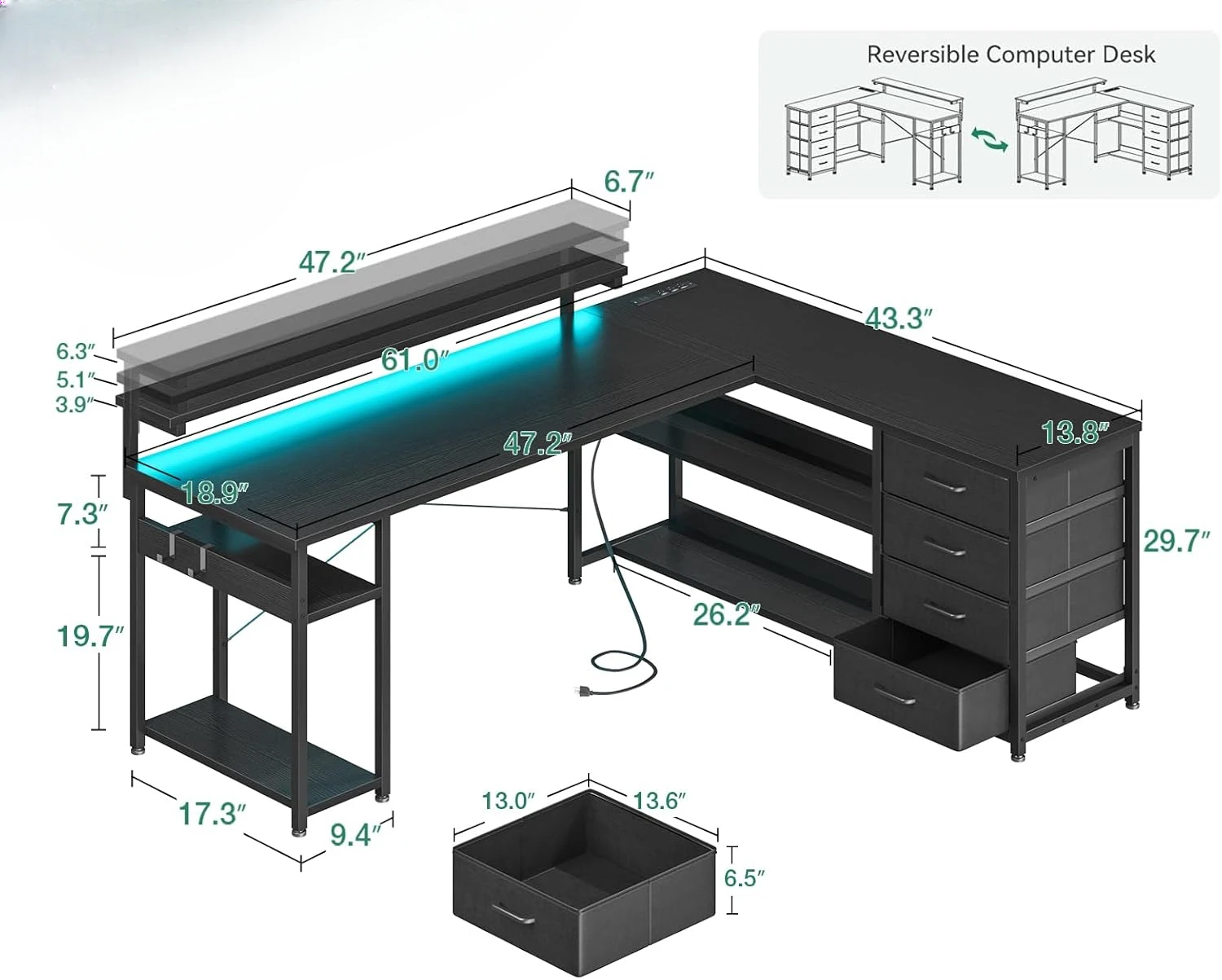 61" L Shaped Desk with Drawer, Computer Desk with Power Outlets & LED Lights, Reversible Corner Gaming Desk for Home Office 3