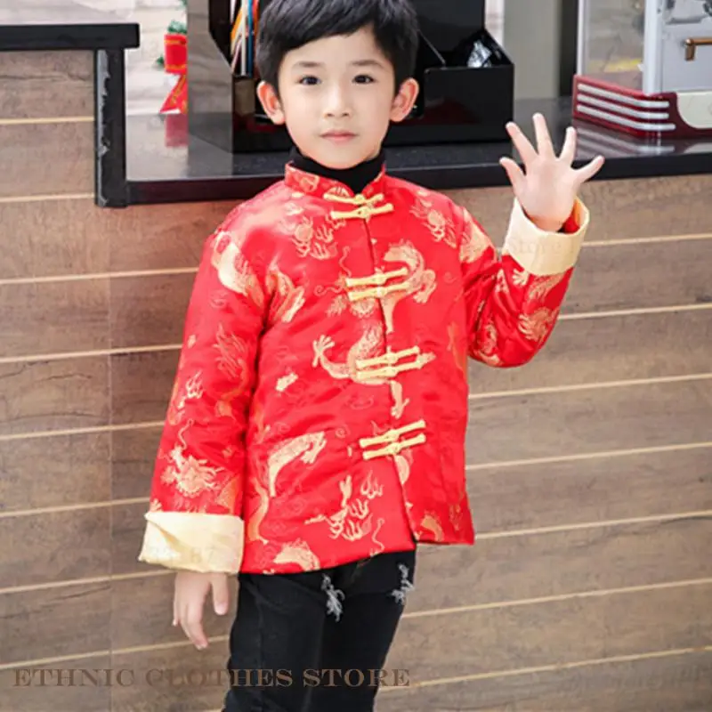 Chinese New Year for Kids Clothes Red Satin Cotton-Padded Traditional Tang Suit Top Print Dragon Hanfu Blouse Oriental Clothing