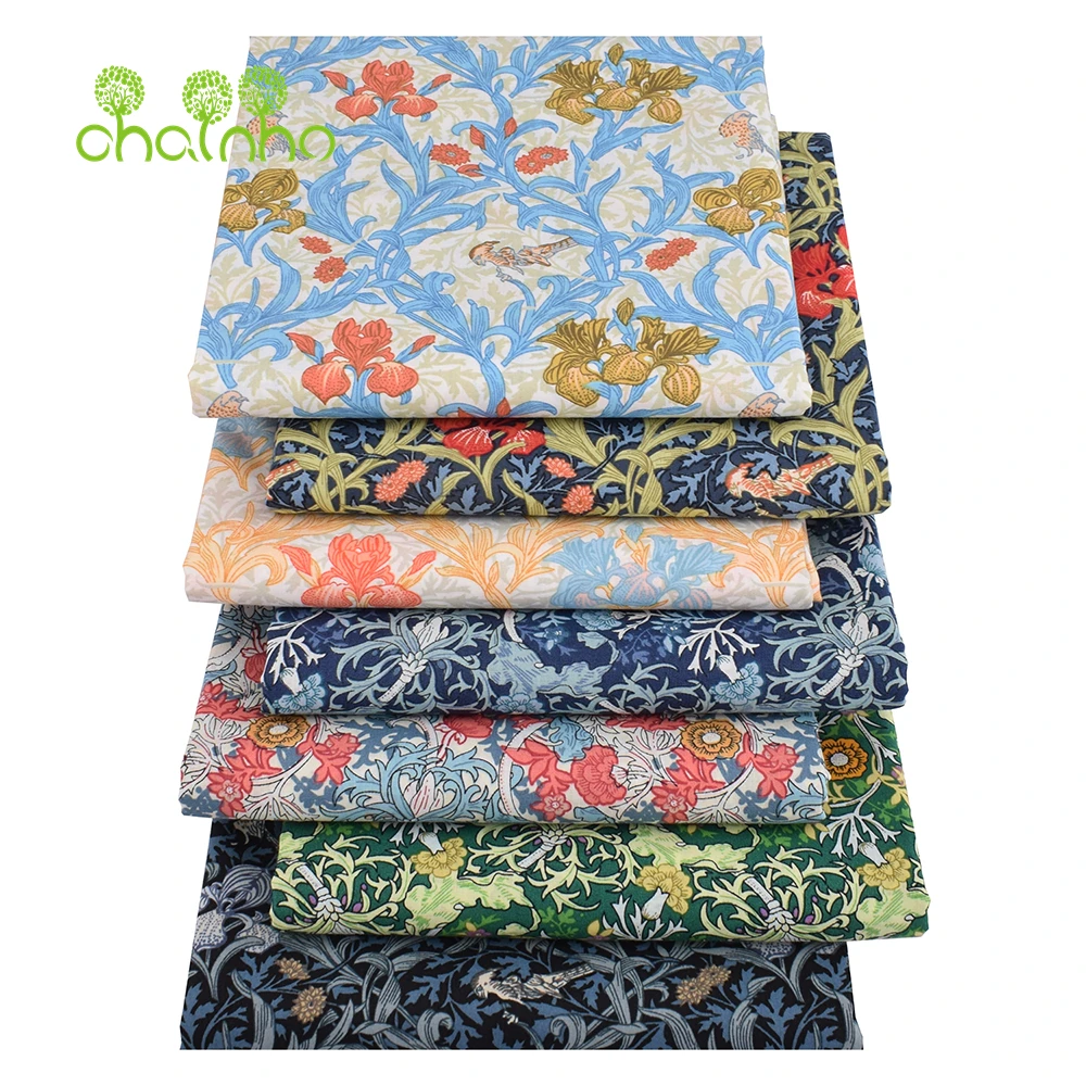 Chainho,Printed Plain Weave Poplin Cotton Fabric,DIY Quilting Sewing Material,Patchwork Cloth,Floral Series,2 Sizes,15PC213