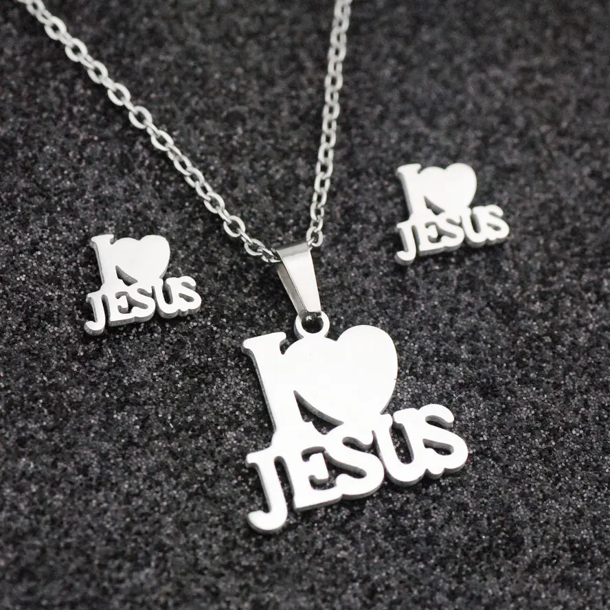 S92f6a3c4a9194b1a8720a79971694b52w Fashion Stainless Steel Jesus Cross Men Charm Heart Letter Pendant Necklace Jewelry Set Chain Christian Symbol Jewelry Gifts Mallzona