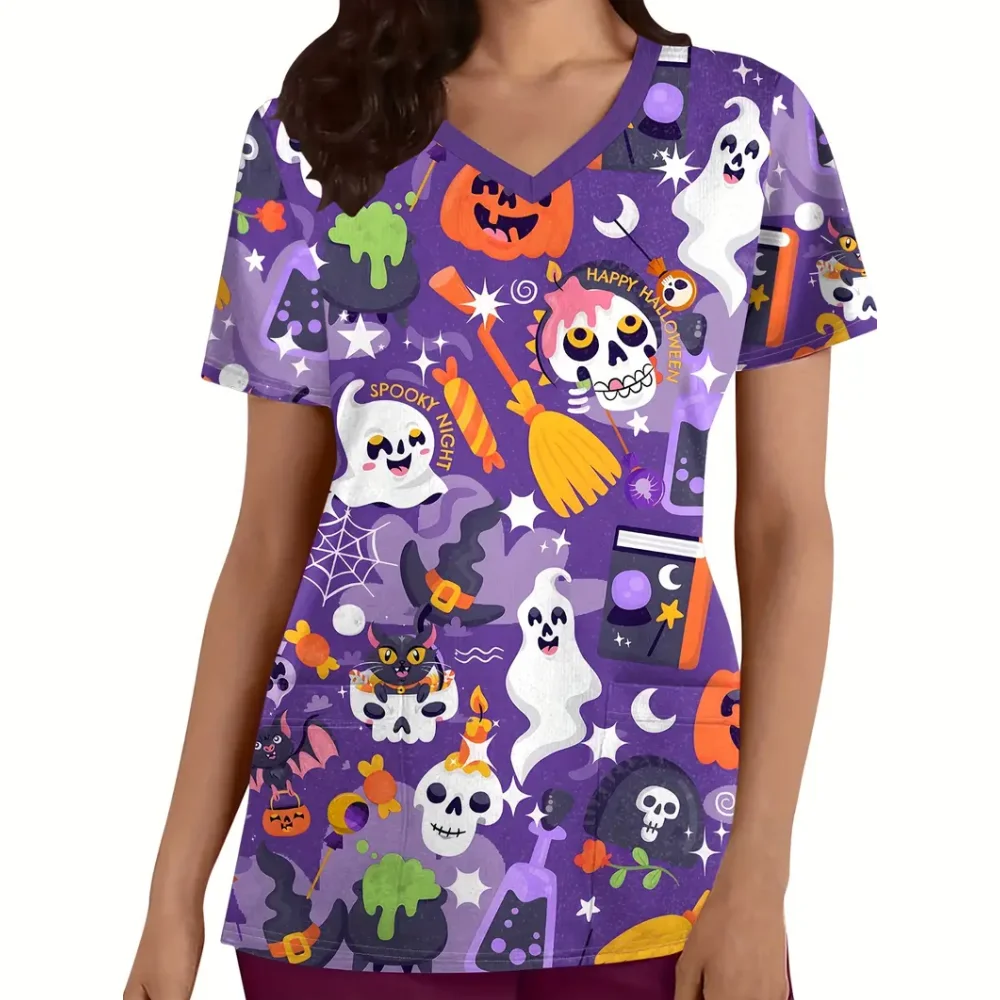 Chirurgische Uniformen Frau Halloween Drucke Aushärtbare Krankenschwester Tops Casual V-ausschnitt Kurzarm Patch Tasche T-shirts Krankenschwester Uniform Frau