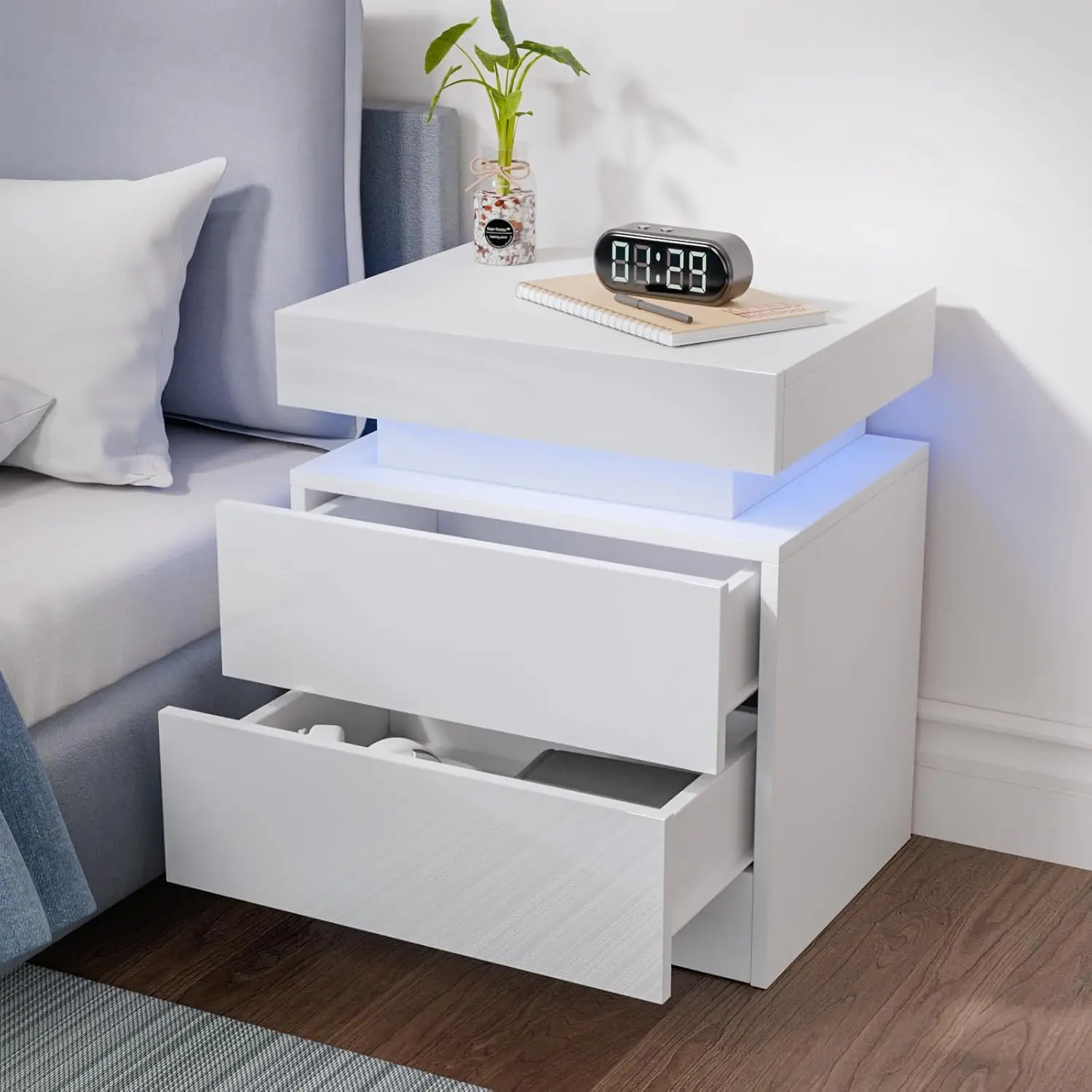 Set of 2 LED Nightstands Modern White Nightstand with Led Lights Wood Matte Led Bedside Table Night Stand with 2 High Glo