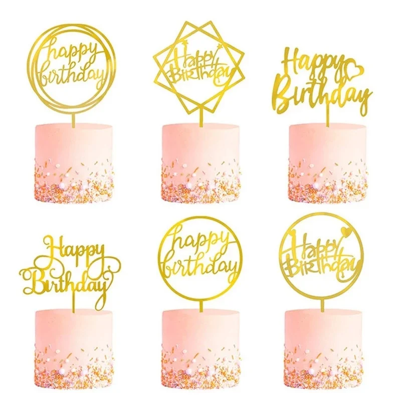 6pcs Happy Birthday Cake Topper Topper per torta di compleanno in acrilico oro rosa per Baby Shower forniture per feste di compleanno decorazioni per torte