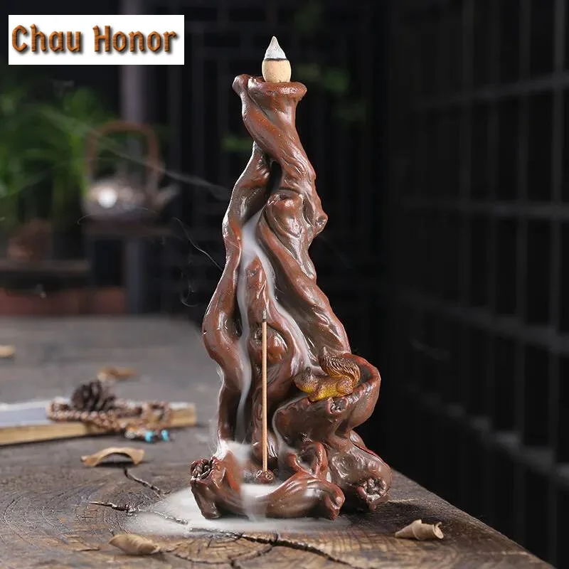 Creative Squirrel Resin Smoke Waterfall Incense Burner Tree Root Incense Burner Holder Censer Aromatherapy Home Decor Accessarie
