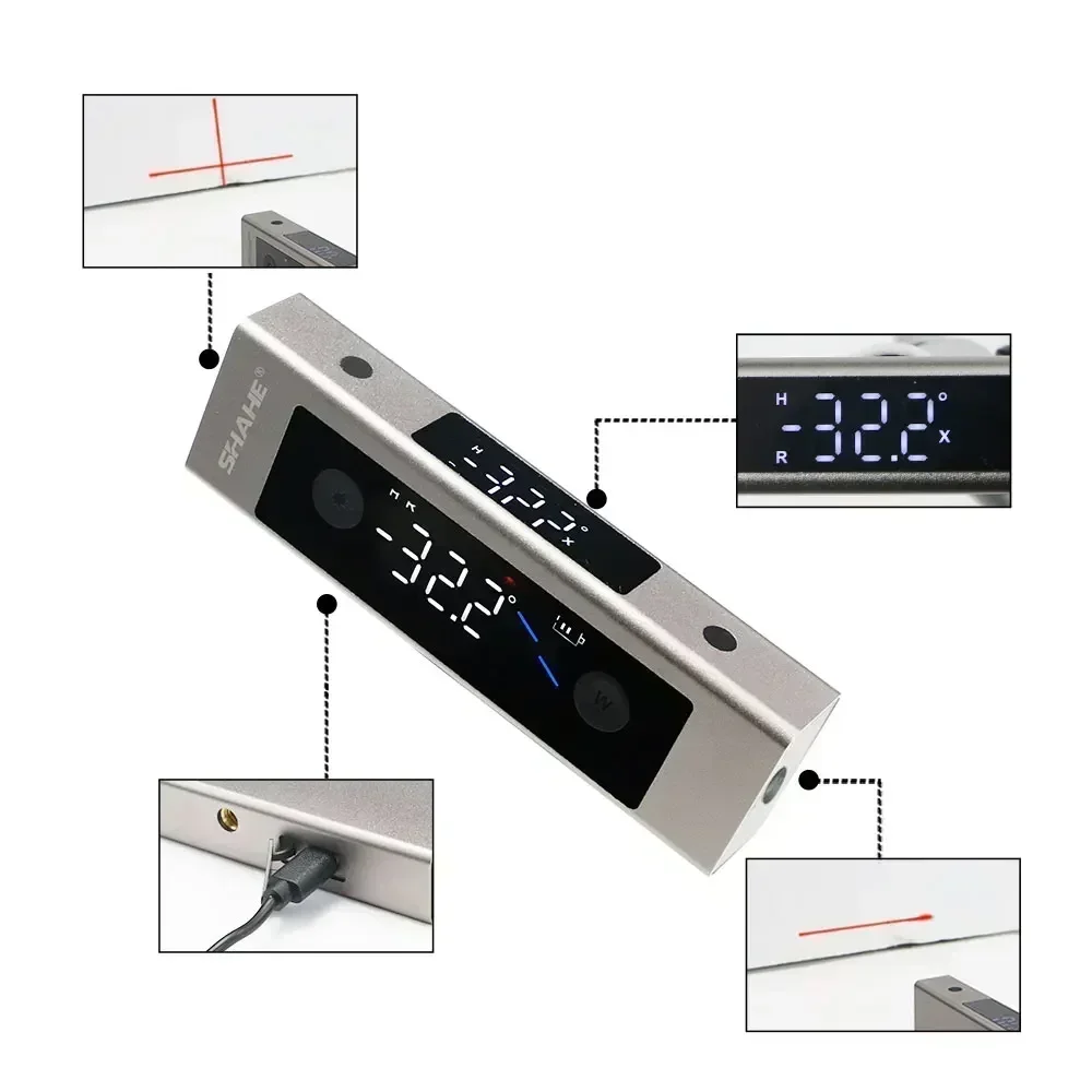 SHAHE Type-C Charging Laser Protractor Digital Inclinometer Angle Ruler Gauge Multifunctional Large LCD Screen Angle Finder digital angle gauge,plastic protractor ruler,adjustable angle gauge