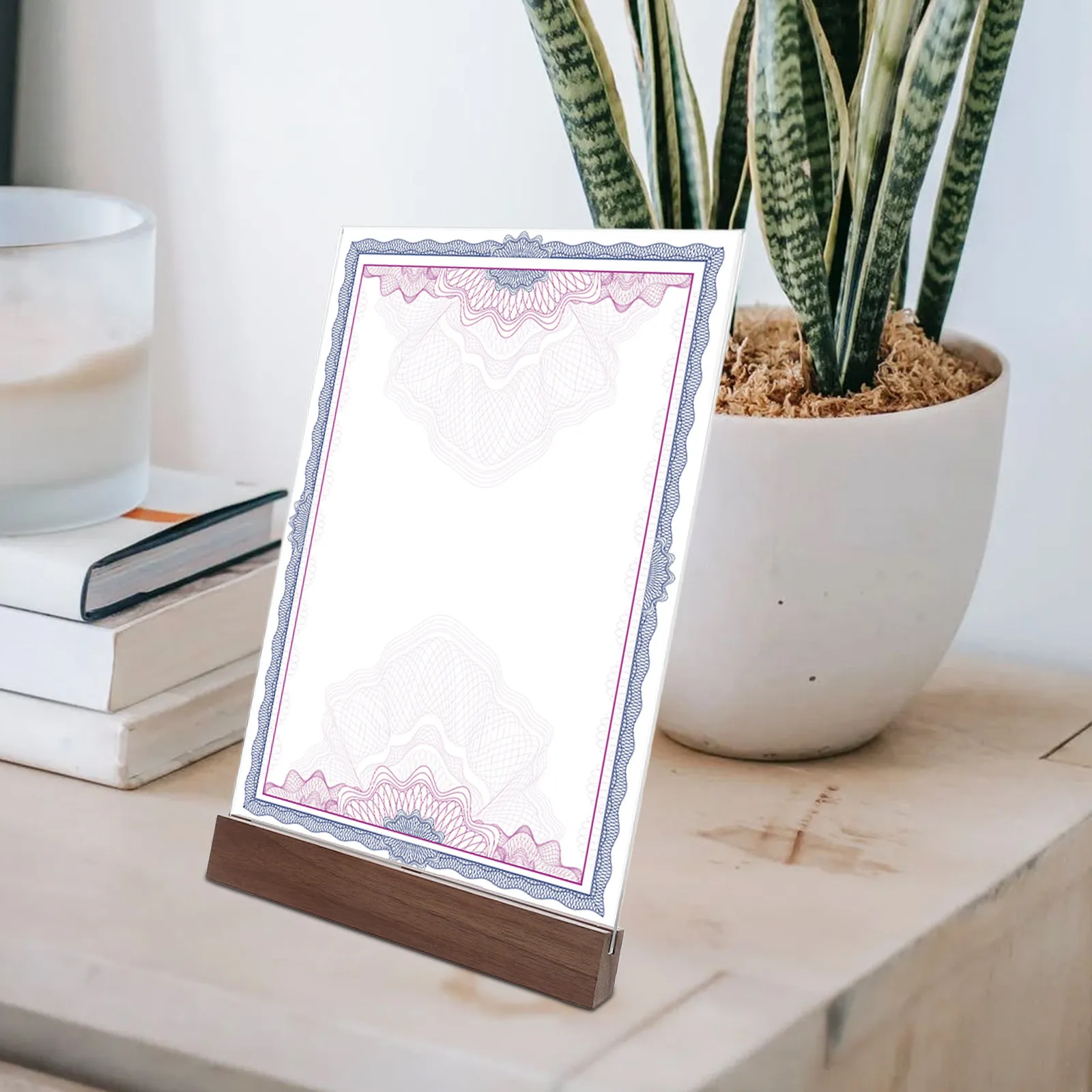 졸업장/증명서 디스플레이 스탠드, 투명 아크릴 탁상용, 견고한 호두나무 받침대 포함, 레스토랑 메뉴, 호텔용