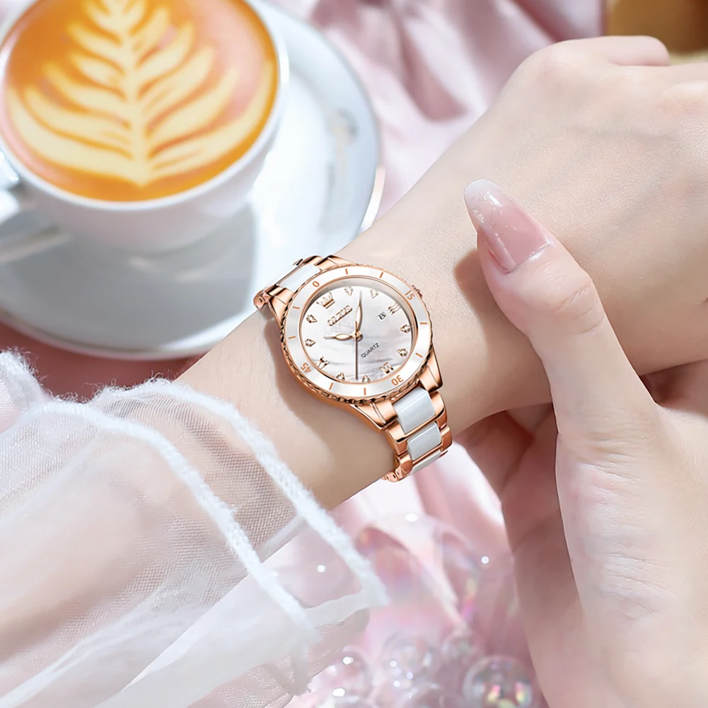 OLEVS Ceramic Women Watch Luxury Brand 2024 Elegant Ladies Watches Rose Gold Clock Wrist Watches For Women relogio feminino
