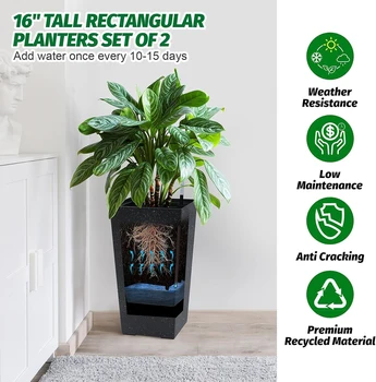 Rectangular Planters Set of 2, Large Plant Pots with Drainage Holes＆Water Level Monitor for Outdoor Indoor Patio Porch Rooms 4