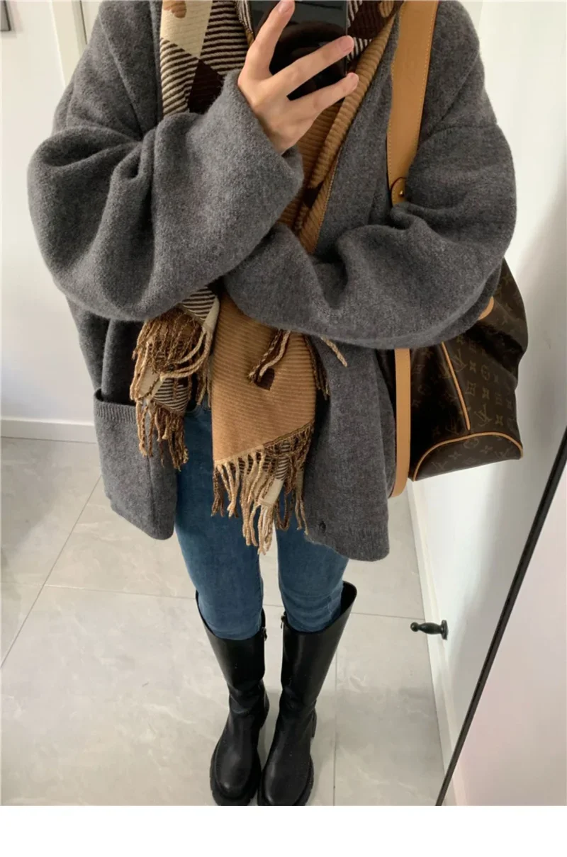 Gray sweater cardigan female design sense niche small  fall lazy wind V-neck knitted soft jacket elegant senior comfortable