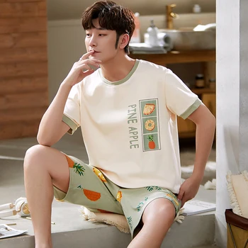 만화 남성 잠옷 캐주얼 짧은 상의 격자 반바지 세트, 격자 무늬 잠옷, 홈웨어 패션, 여름 신상