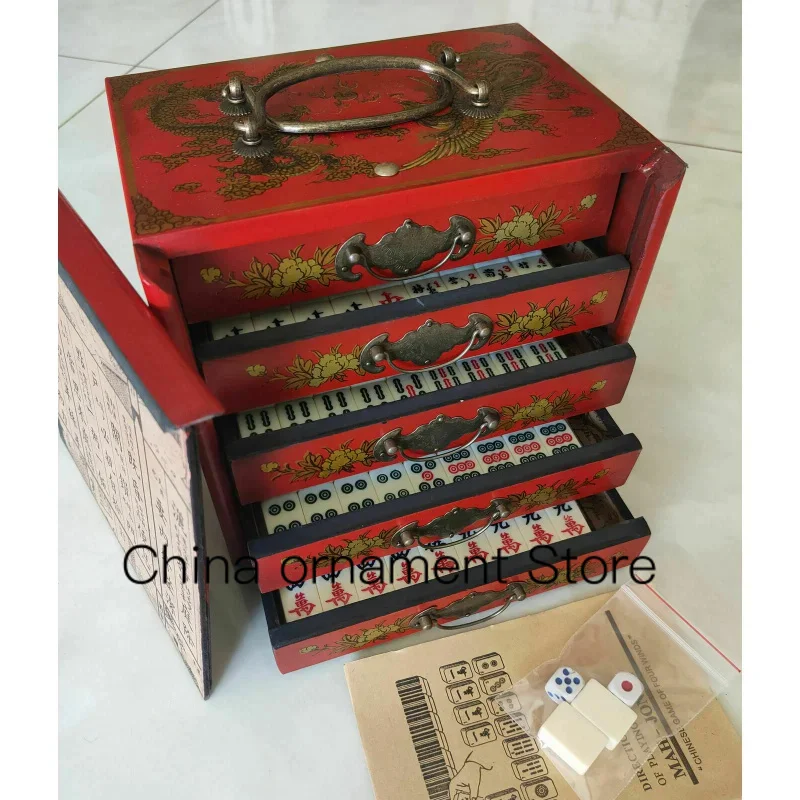 Gioco Portatile Di Piastrelle Retrò Mahjong 144 Mah-Jong Set In Legno Con 5 Cassetti